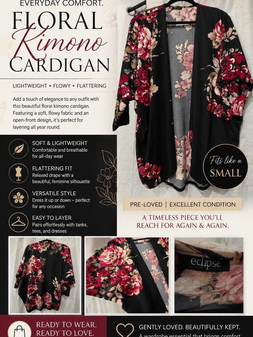 Eclipse Black Floral Kimono Cardigan - Small